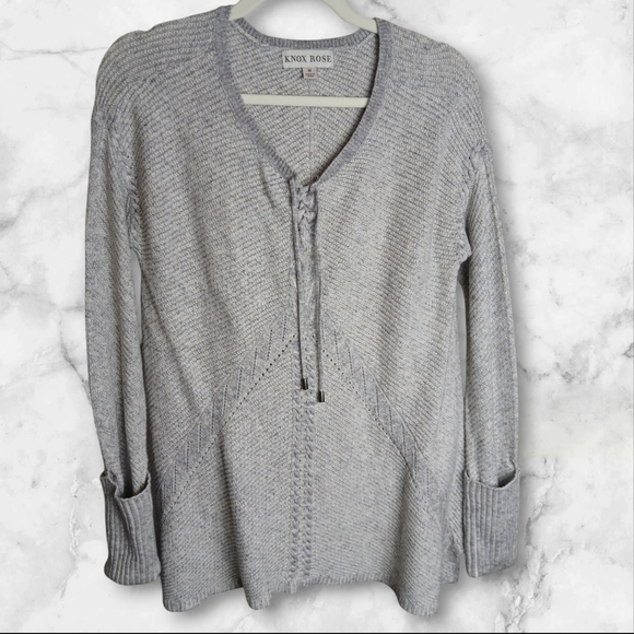 Knox Rose Sweaters - Knox Rose Tunic Vneck Laced Sweater Womens Size XS Gray Knit Cottagecore Boho.